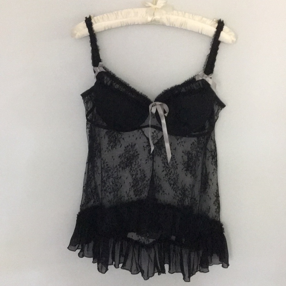 Frederick’s of Hollywood Black Lace Babydoll Silver Ribbon Size L Sheer